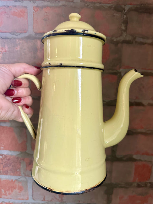 Vintage Lemon Yellow French Enamel Coffee Pot | Rare Color