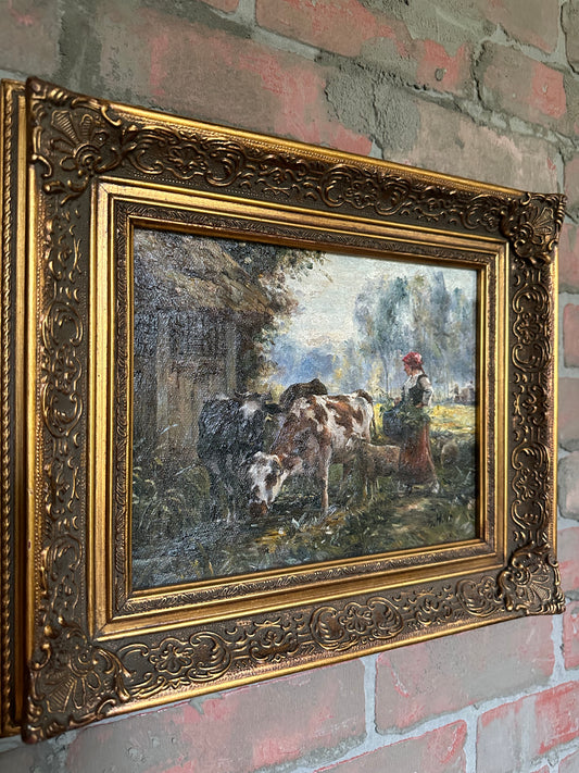 GORGEOUS, Reframed Oil on Canvas | Woman with Cows | Paris Collection #1