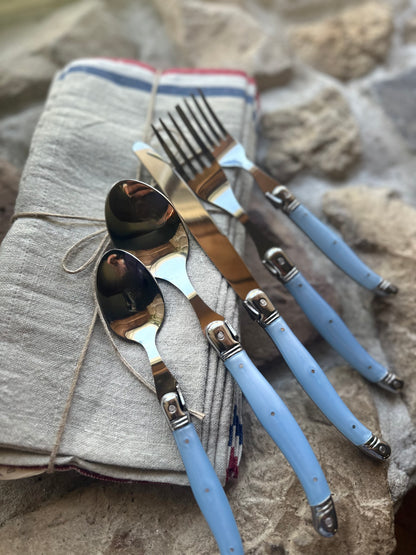 Languiole Flatware & French Linen Napkins | Pale Blue | Napoleonic Bee | Service for 4