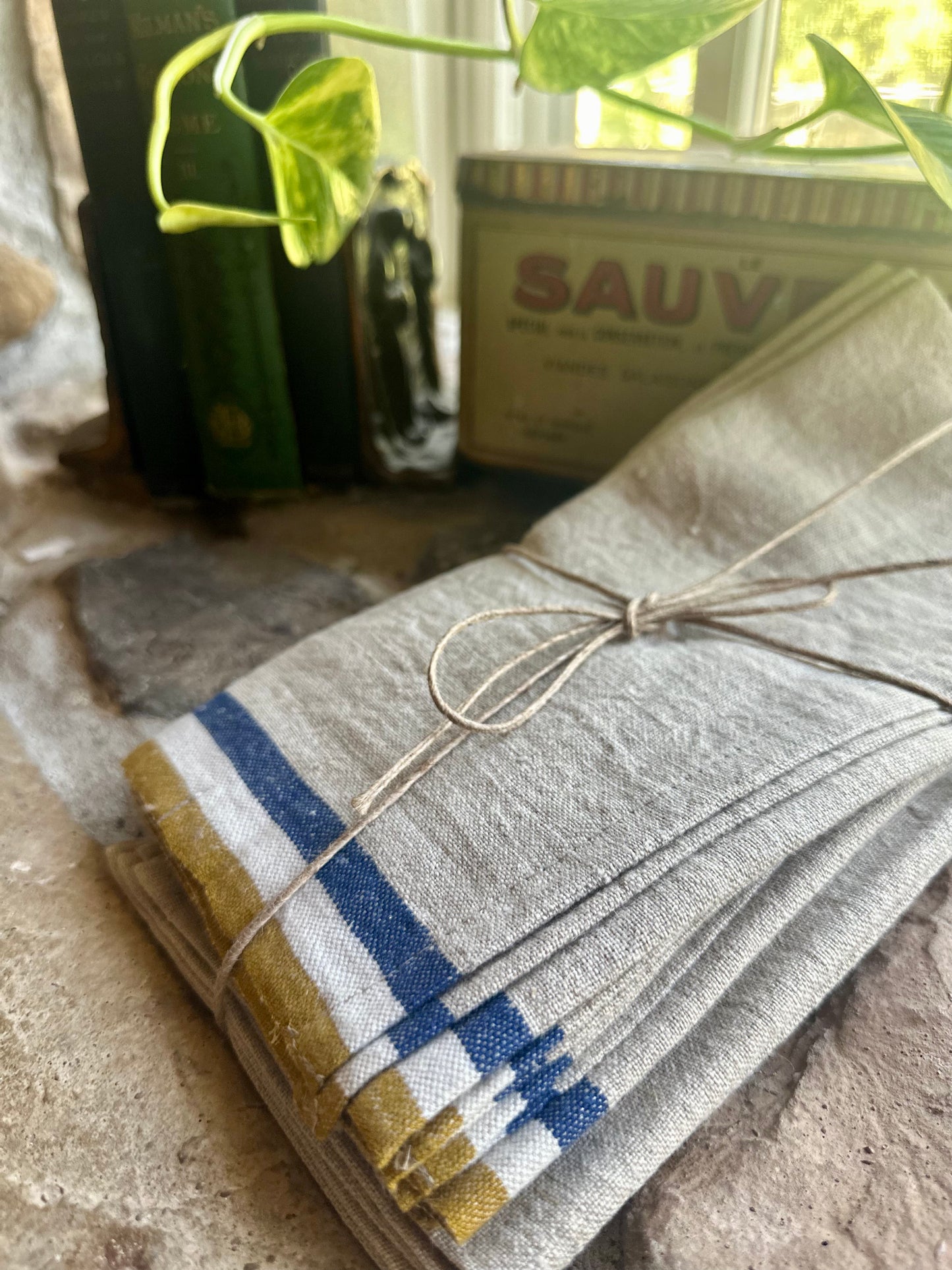 Handmade Linen Napkins | Normandy Natural - Mustard/Natural/Blue Stripe Napkins | 20x20