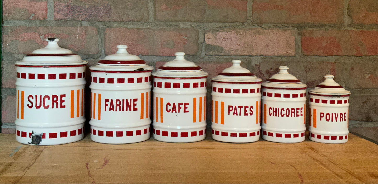 French Vintage/Antique Enamel 'Series d'Épices' | 6 Pcs French Enamel Canister FULL Set