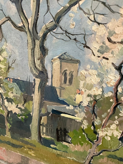 French Oil on Board | Church at Bléville with Spring Blossom