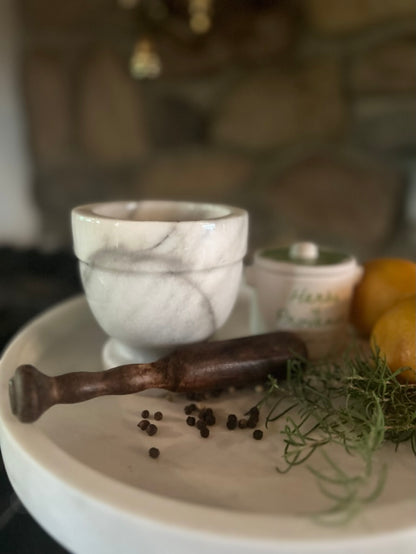 Vintage Carrara Marble Mortar and Wooden Pestle