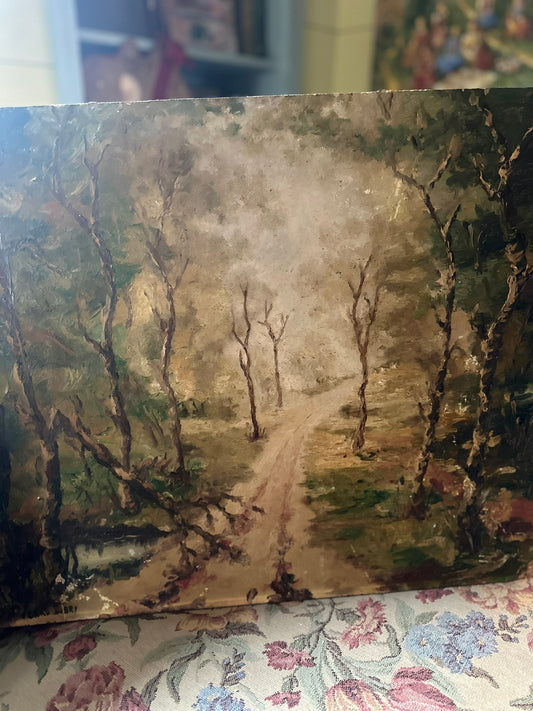 Large Oil on Board of Winding Path into Forest | Signed