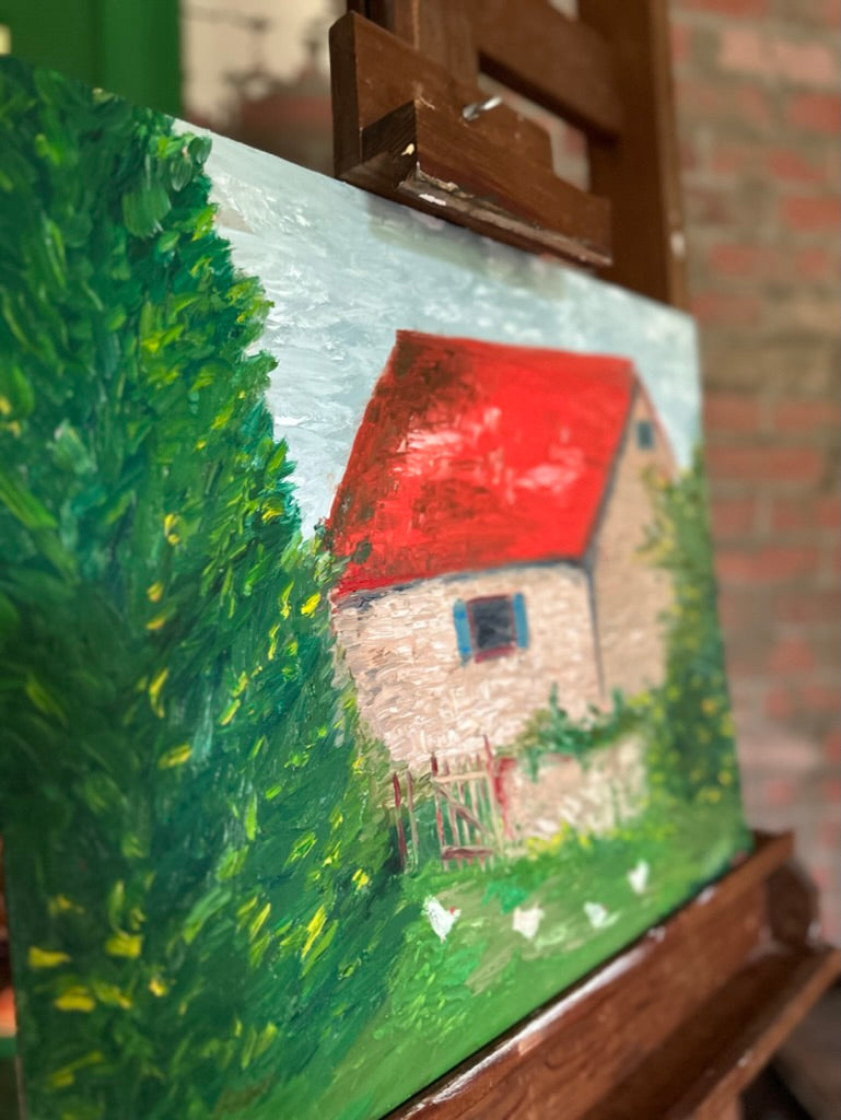 Original Art by Angela | Red Roofed Barn | Oil on Board