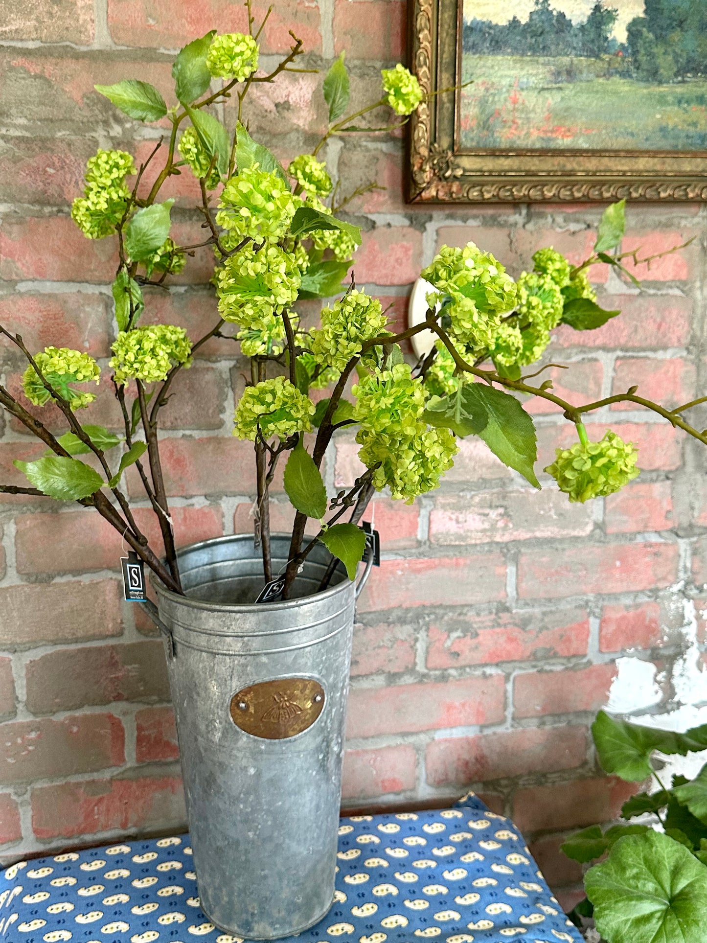 Bee Bucket with 5 Fine Faux Hydrangea Stems