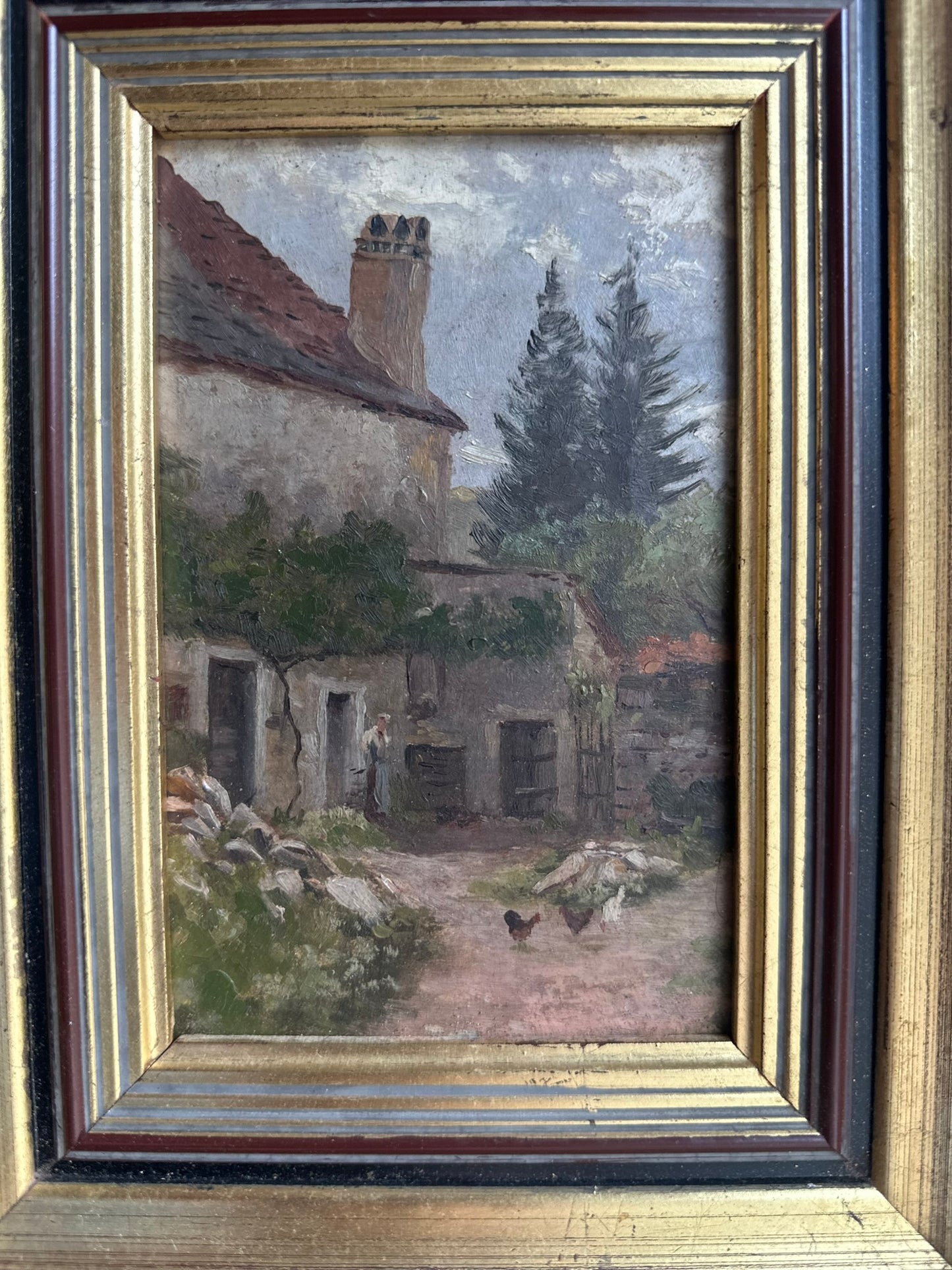 20th Century French Barnyard Oil Painting – Signed & Stamped | Chickens