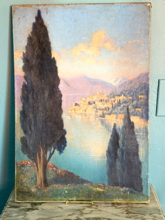 Tall Cypress on the Med | French Vintage Oil on Canvas