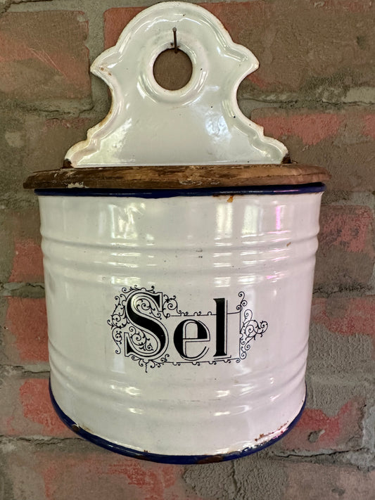 French Enamel Salt Canister with Wooden Lid | SEL