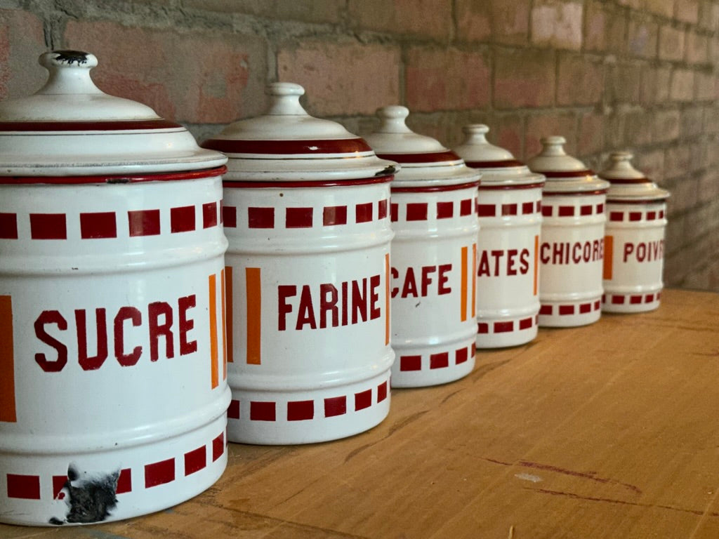 French Vintage/Antique Enamel 'Series d'Épices' | 6 Pcs French Enamel Canister FULL Set