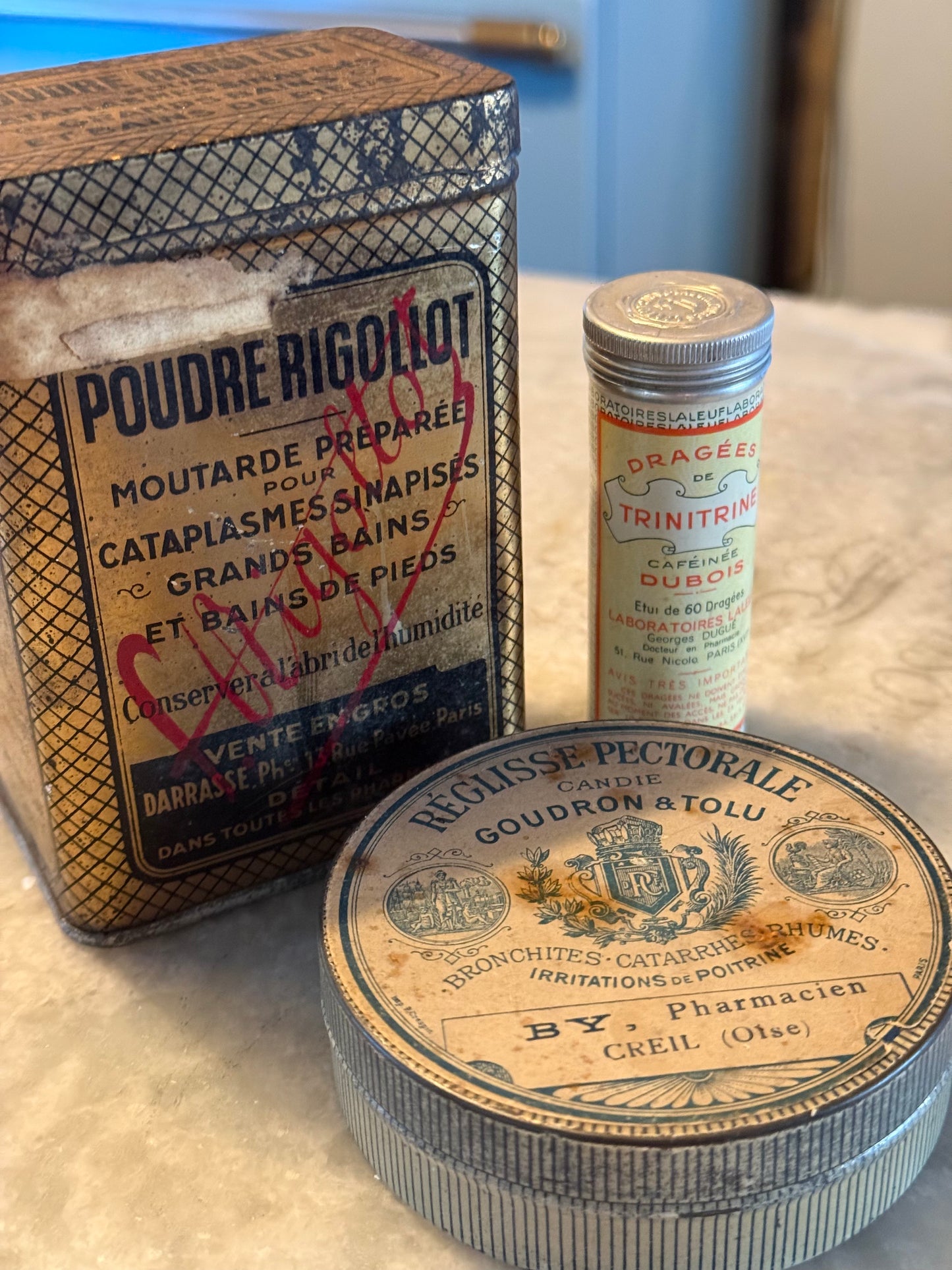 Antique French Products Trio | Licorice, Mustard, Caffeine