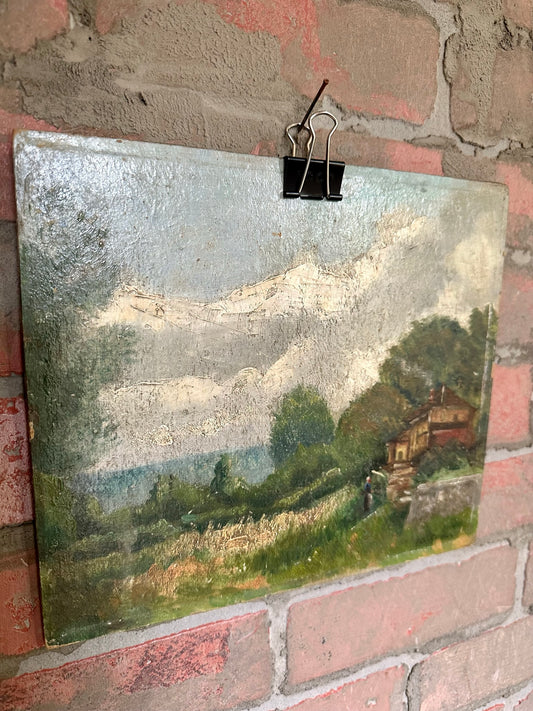 Antique French Oil on Wood | Landscape with Woman