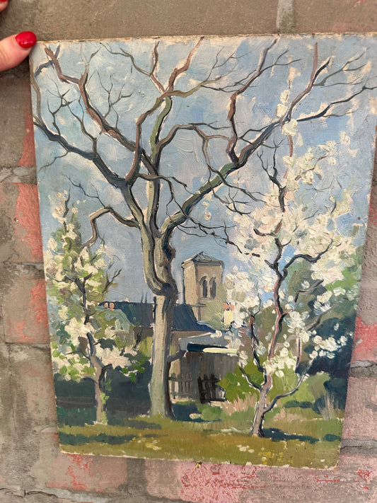 French Oil on Board | Church at Bléville with Spring Blossom
