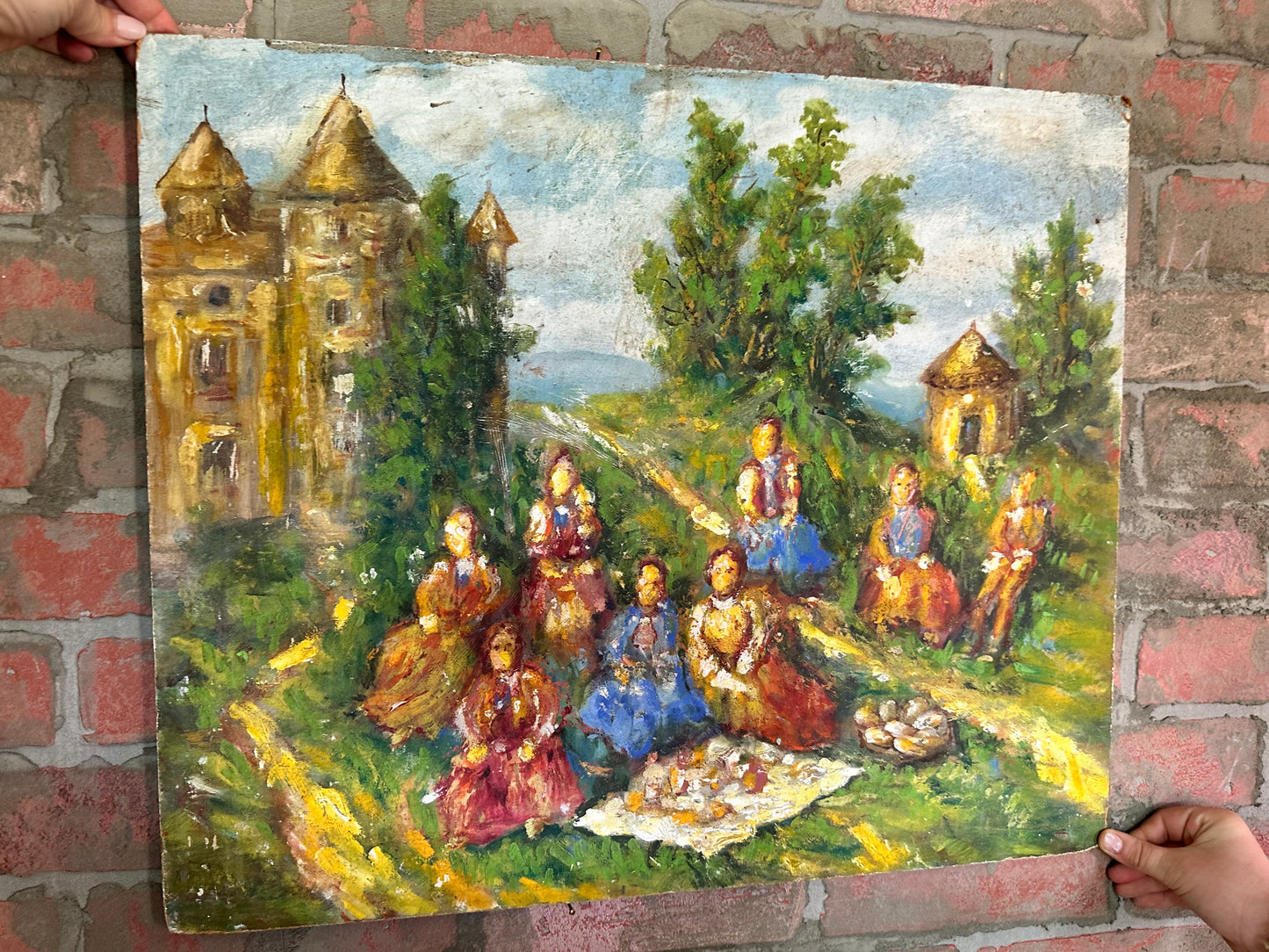 Ladies at Picnic Signed Oil Painting - LARGE