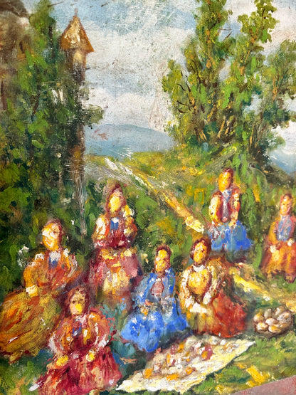 Ladies at Picnic Signed Oil Painting - LARGE