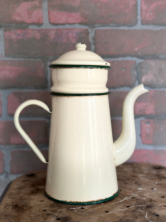 VINTAGE | French Enamel Coffee Pot | Cream and Green