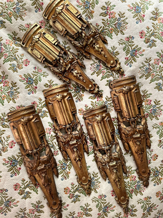 RARE Large Set of 6 | Antique French Ormolu Brass Decorative Hardware Furniture | Early 1900s