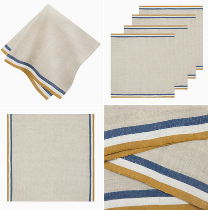 Handmade Linen Napkins | Normandy Natural - Mustard/Natural/Blue Stripe Napkins | 20x20